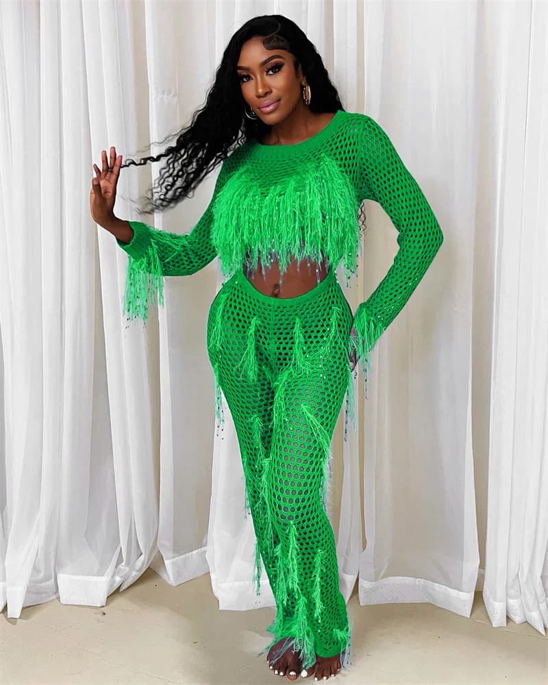 Spring Summer Hollow Out Knitted Women Long Sleeve Jumpsuits Tassel Cut Out Sexy Solid Knit Jumpsuit Night Club Party Rompers