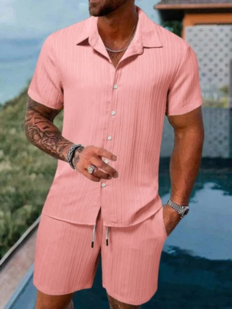 2024 Men's Colorful summer lapel jacquard striped button-down shirt Fashion casual short sleeve shorts beach suit