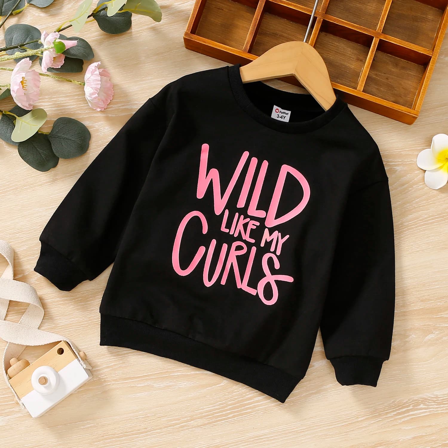 PatPat Toddler Girl Letter Print Casual Black Pullover Sweatshirt