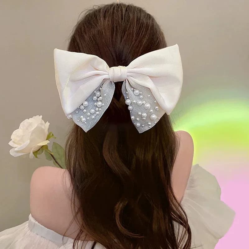 1 Piece Big Elegant Bow Tie Spring Hair Clip for Girl Sweet Fashion Pearl Bow Hair Bows 2024 New Girl's Headwear Accessories