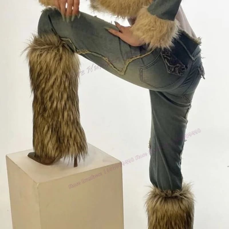 Brown Fur Decor Knee High Boots Pointed Toe Shoes for Women Thin High Heels Winter Runway Comfort Shoes 2023 Zapatos Para Mujere