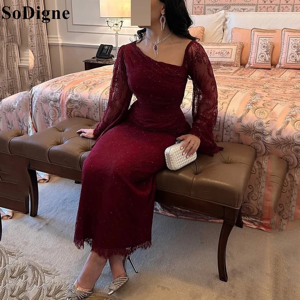 SoDigne Elegant Burgundy Lace Evening Dresses Mermaid Long Sleeves Beading Crystal Party Dress 2025 Formal Prom Gowns Customized