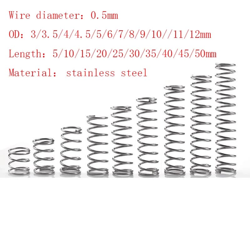 20pcs/Lot 0.5mm Stainless Steel Micro Small Compression Spring OD 3/3.5/4/4.5/5/6/7/8/9/10/11/12mm Length 5mm to 50mm