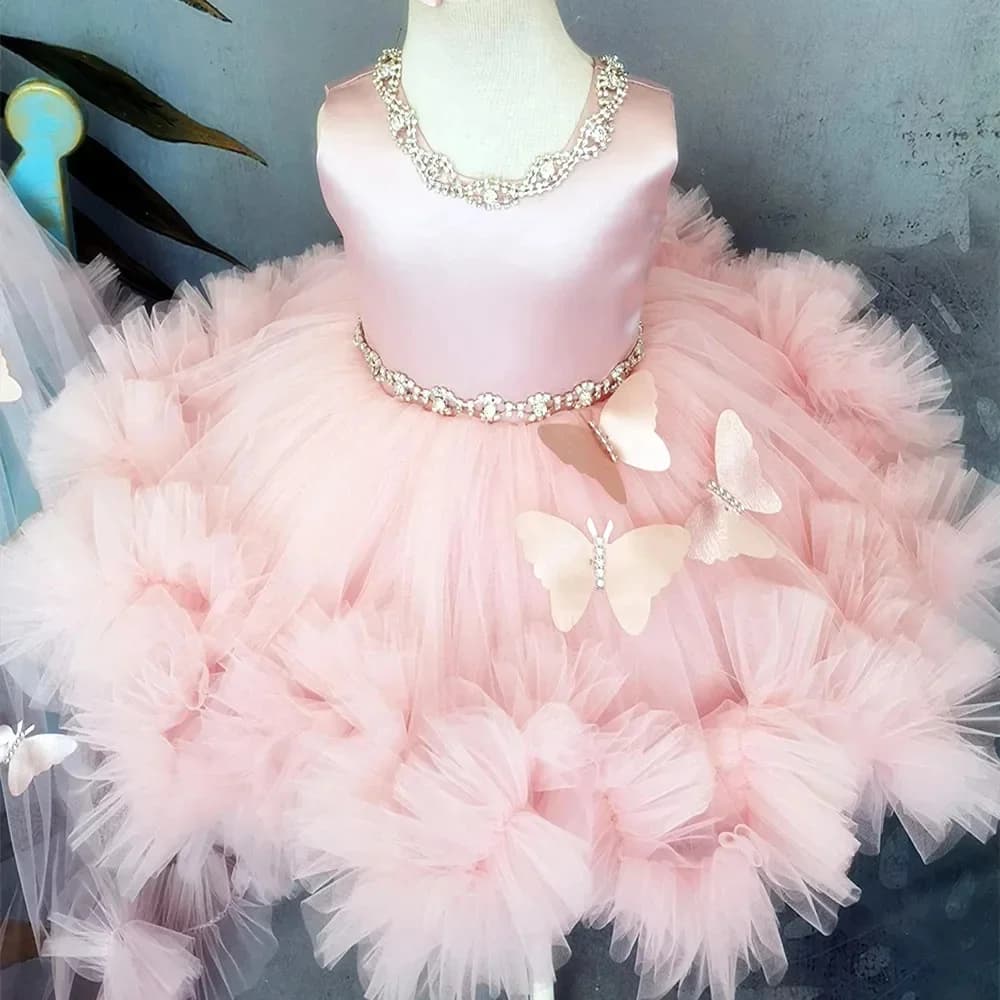 Lovely Pink Beading Sleeveless 3D Butterfly With Bow Flower Girl Dress For Wedding Child's Eucharistic Birthday Party Dresses