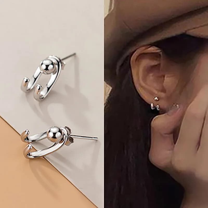 Double Line Hook Curved Ball Back Hang Post Stud Earrings Two in One Geometric Silver Color Metal Brincos Jewelry Girl Gift