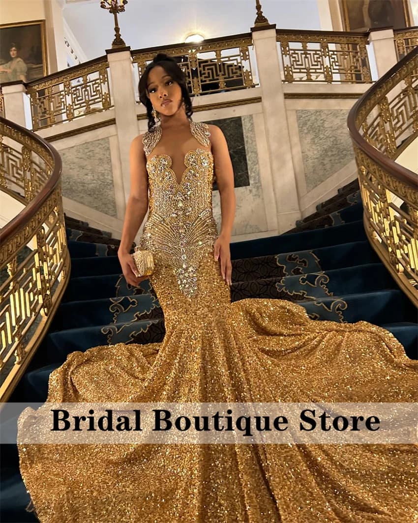 Elegant Gold Diamonds Long Prom Dress Luxury Beads Crystals Sequins Mermaid Birthday Wedding Party Gown Customized