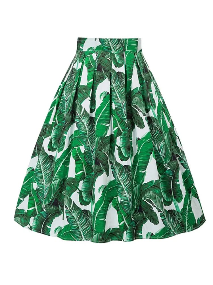 2024 New Harajuku Retro High Waist Leaf Green Floral Print Pleated Skirts Women 40 50 60s Vintage Midi Cotton Summer Swing Skirt