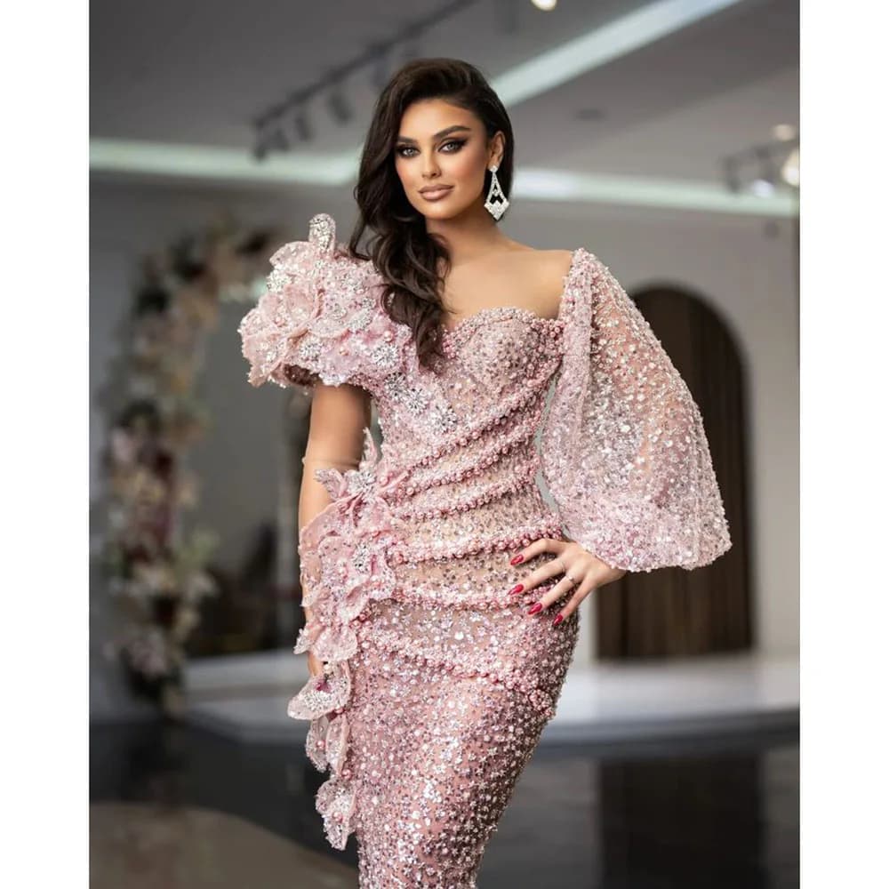 Exquisite High Quality Pink Evening Party Dresses Sweetheart Floor Length Trumpet Shiny Flowers Beading Sequin Luxury Women Gown