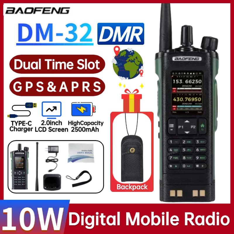 Baofeng Dm32 Uv Dmr Walkie Talkie Gps Aprs Text Sms 8W Programming Recording Wireless Scan Frequency Type-C Charger