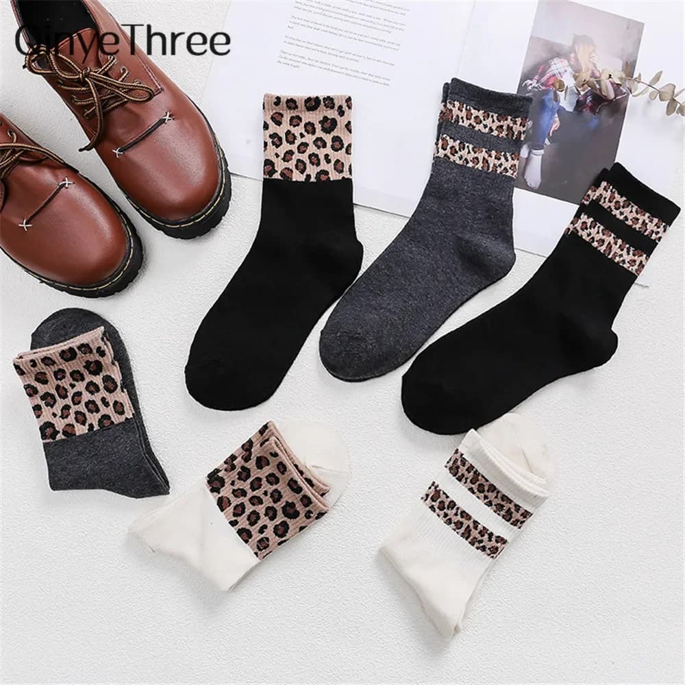Spring Winter Women Retro Fashion Cotton High Street Popular Leopard Stripe Socks Harajuku Cool Hipster Cozy Chaussette