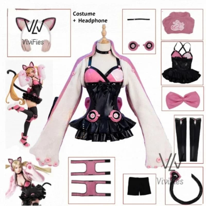 Game Lucky Chloe Cosplay Costume Headphone Tail Roleplay Fantasia Pink Outfits Halloween Carnival Party Clothes For Woman Girls