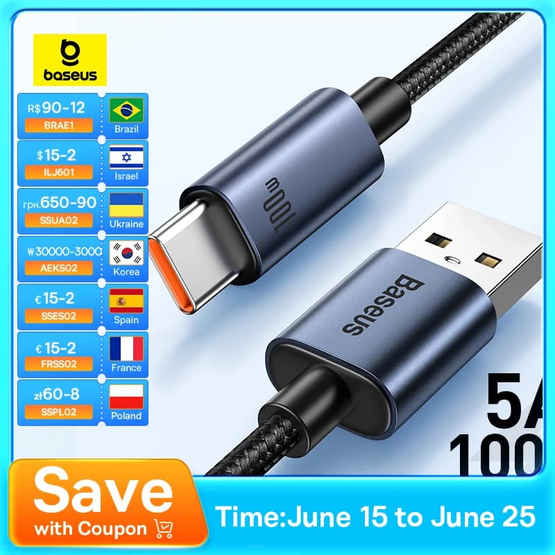 Baseus 66W/100W USB Type C Cable For Huawei P50 P40 Pro Honor Super Charge 6A Fast Charging USB C Charger Data Cable Wire Cord