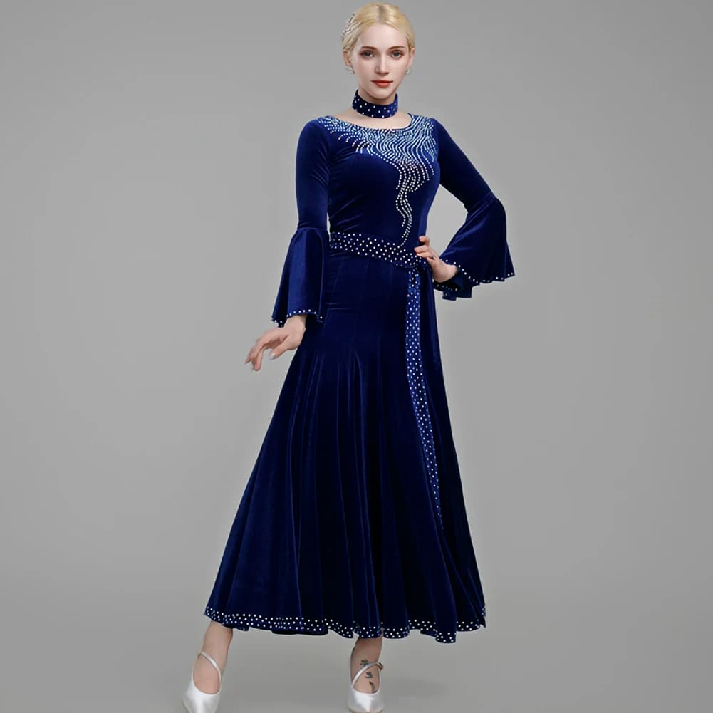 Ballroom Dance Competition Dress Bell Sleeve Rhinestone Gold Velvet Long Dresses Round Neck Waltz Standard Women New Skirts Wear