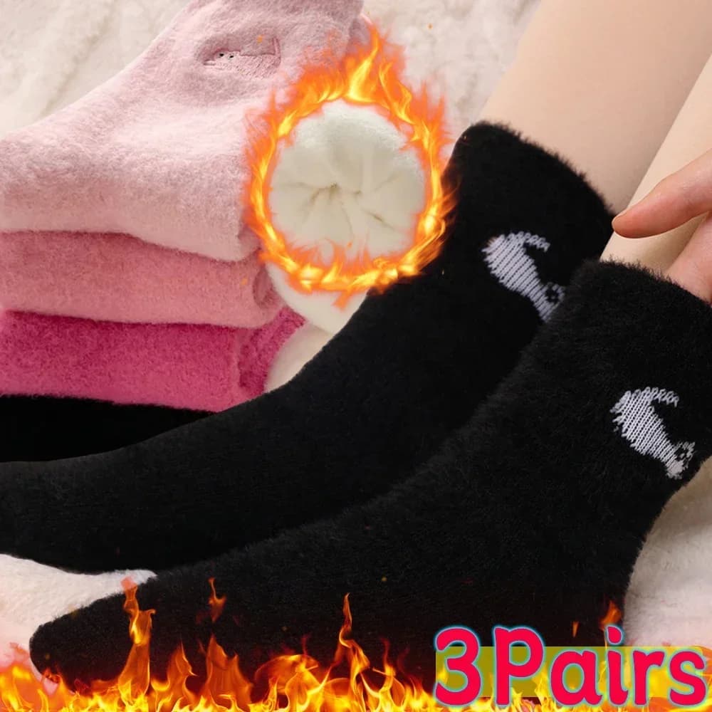 3Pairs Mink Velvet Socks Winter Cute Cat Thickened in Tube Socks Simple Cozy Hairy Sleep Sock Fashion Sleep Floor Sock for Women