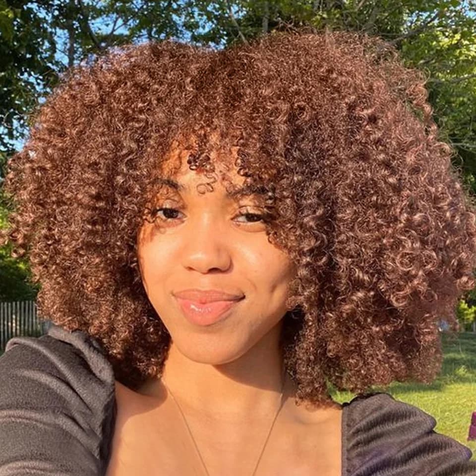 Brown Color Afro Kinky Curly Human Hair Wigs with Bangs Wear to go Glueless Wig Remy Brazilian Short Curly Human Hair Wig