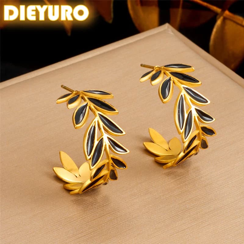 DIEYURO 316L Stainless Steel Black Drip Oil Leaf Circle Earrings For Women 2024 Fashion New Current Ear Jewelry Lady Gift Party