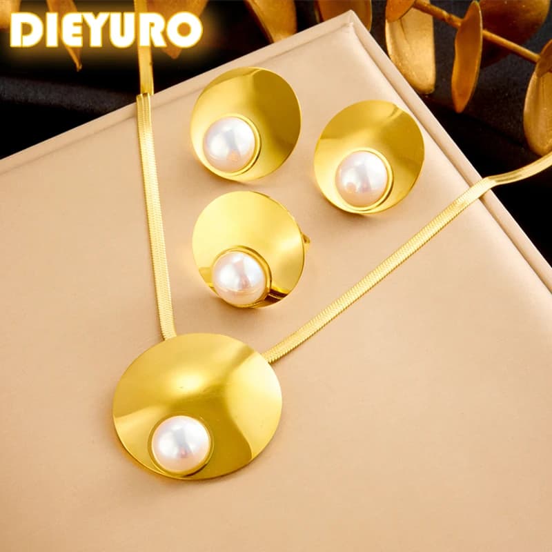 DIEYURO 316L Stainless Steel Square Round Shell Shaped Pearls Necklace Earrings Ring For Women New Trend Non-fading Jewelry Set