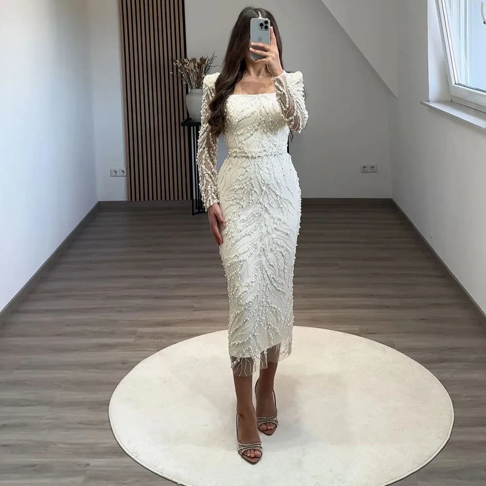 Luxury Women's Evening Dresses For Wedding Long Sleeves Sequin Lace Mermaid Formal Party Gown Tea length Prom Dress