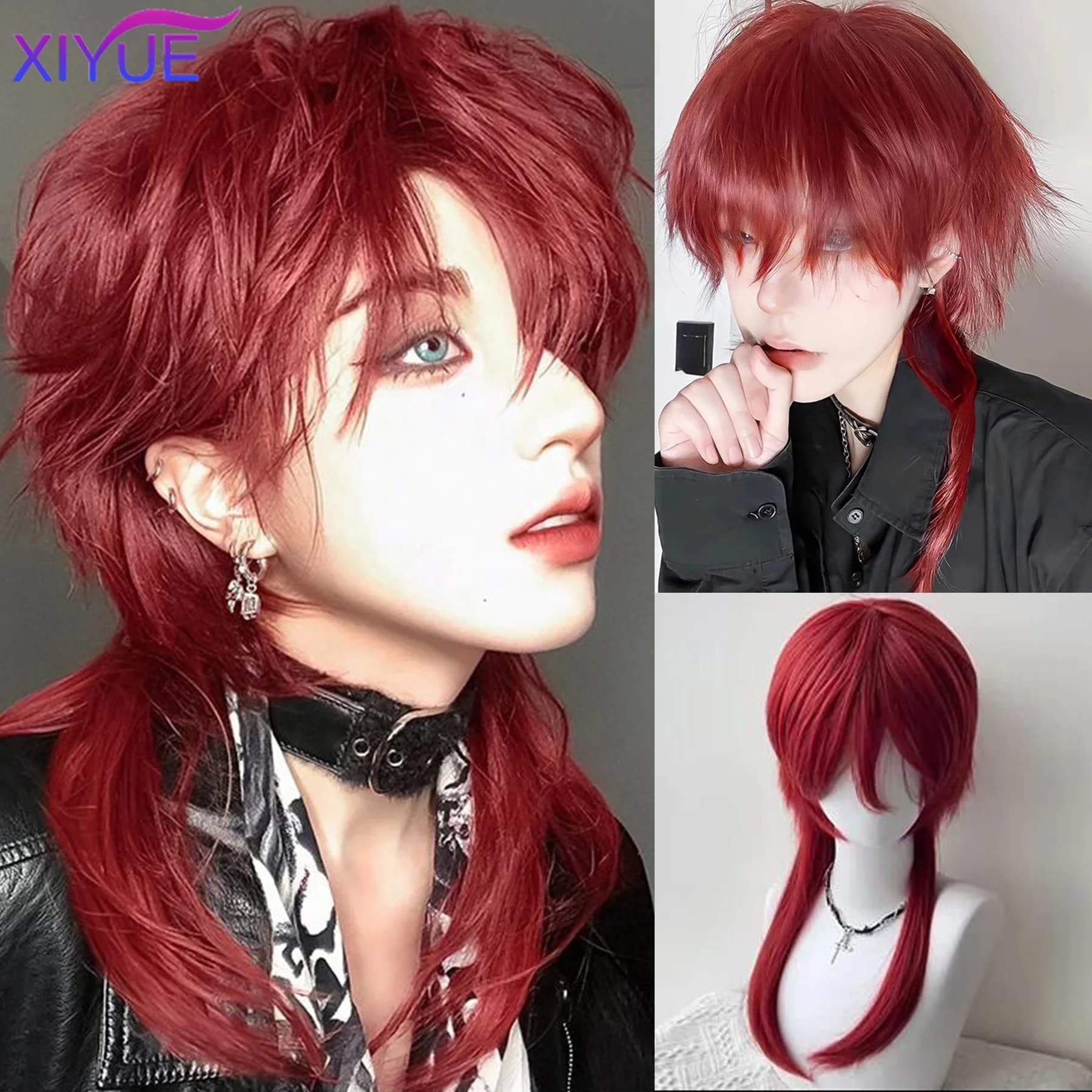 Wolf tailed Mullet Wig Mullet Head Wigs with Bangs Synthetic Straight Anime Men red Hair Wig for Daily Party Cosplay