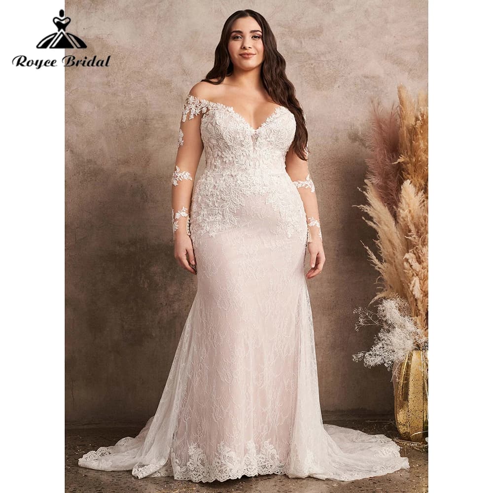 Boho V Neck Long Sleeve Back Button Lace Sweep Plus Size Sexy Mermaid Wedding Dress For Women Beach Bridal Gowns Robe Customized
