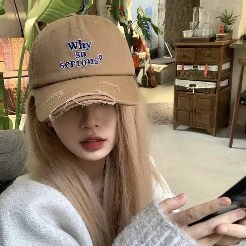 Korean Trend Retro Hole Why So Serious Letter Embroidered Cap Women Spring Summer Outdoor Leisure Men Adjustable Baseball Hat