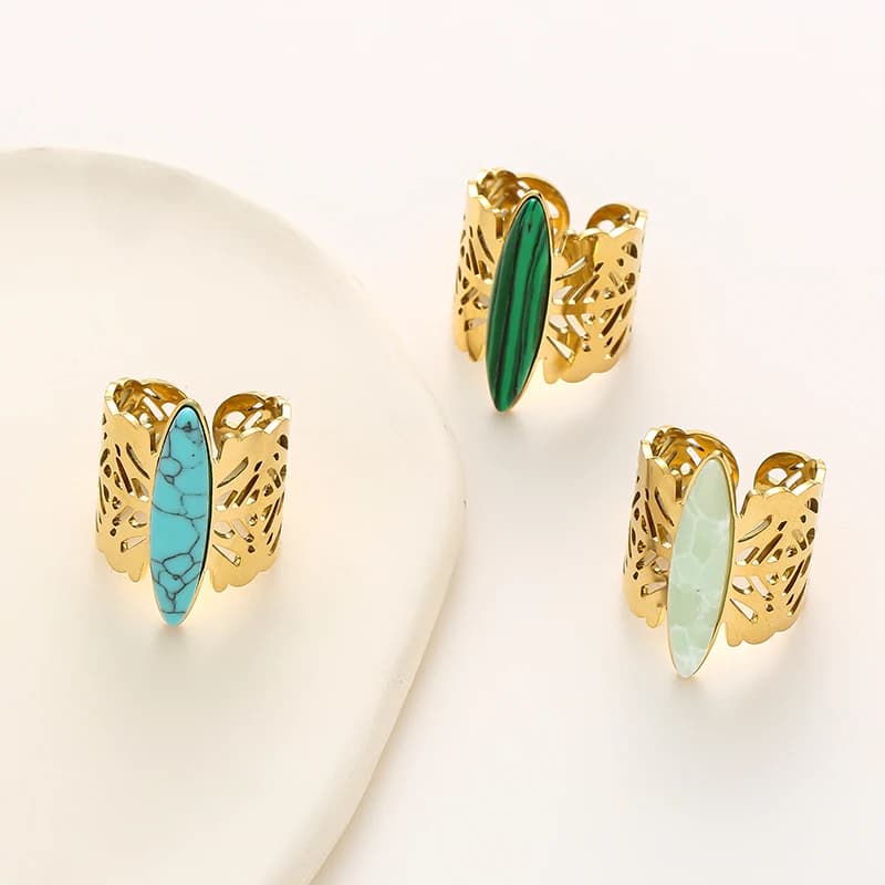 Gold Color Wide Butterfly Pattern Ring Stainless Steel Natural Stone for Women Opening Adjustable Jewelry Gift Wholesale