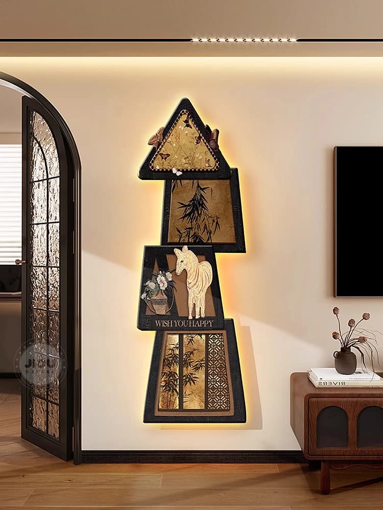 Alien carved frameless UV wooden board French style bedroom hidden corridor background wall decoration mural lamp