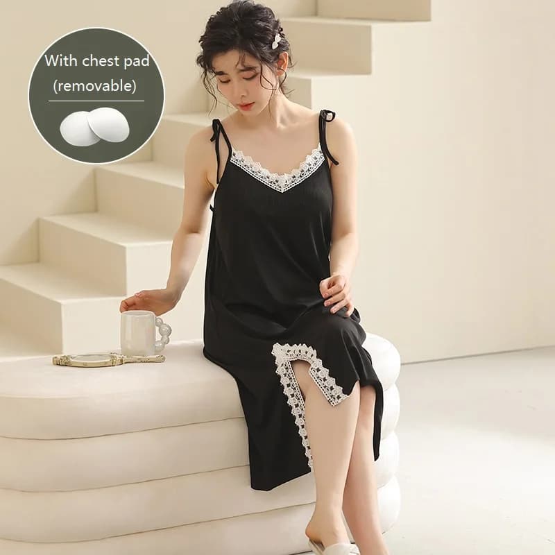 With Chest Pad Women Nightgowns Modal Night Dress Sexy Spaghetti Strap V-Neck Lace Home Dress Night Shirt Sleepwear Nightwear