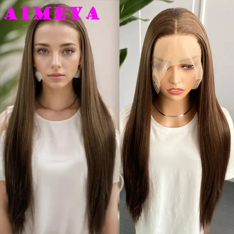 AIMEYA Mix Brown Lace Front Wig Long Silky Straight Synthetic Lace Hair Heat Resistant Natural Hairline Daily Use Cosplay Wigs