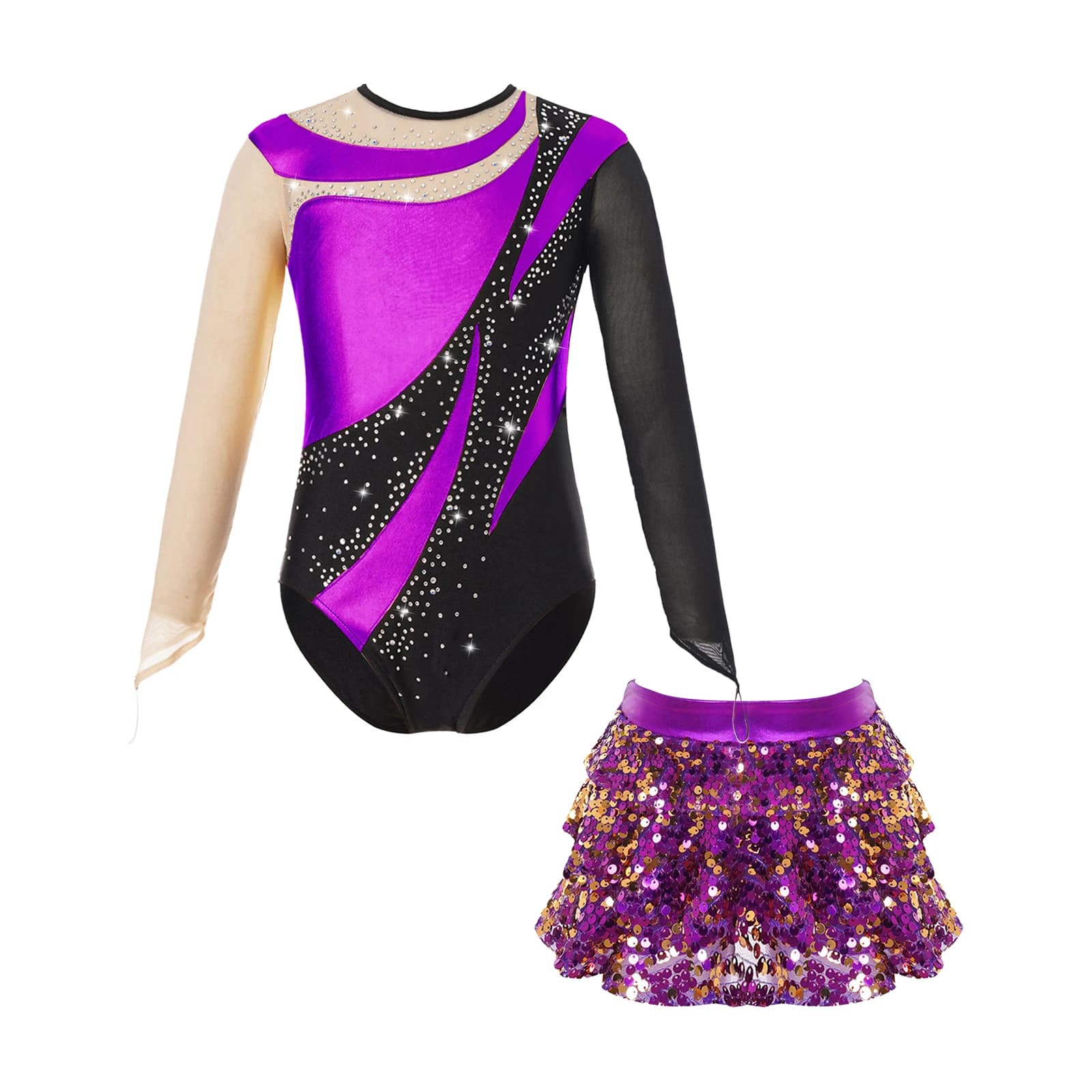Kids Girls Patchwork Long Sleeve Leotard with Shiny Sequins Tiered Ruffle Skirted Shorts Set for Figure Skating Gymnastics Dance