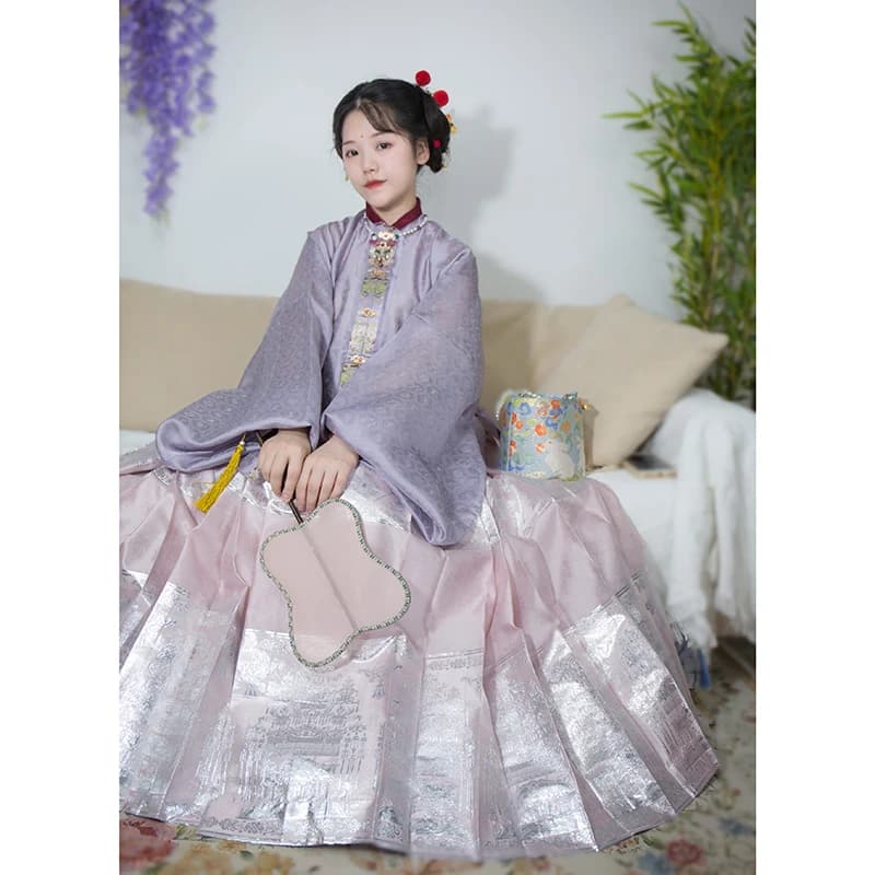 Chinese Hanfu Silver Sparkling Bright 4.5m 5 Pair Pleated Silver Yarn Thin Horse Face Skirt Split Size Finished Product
