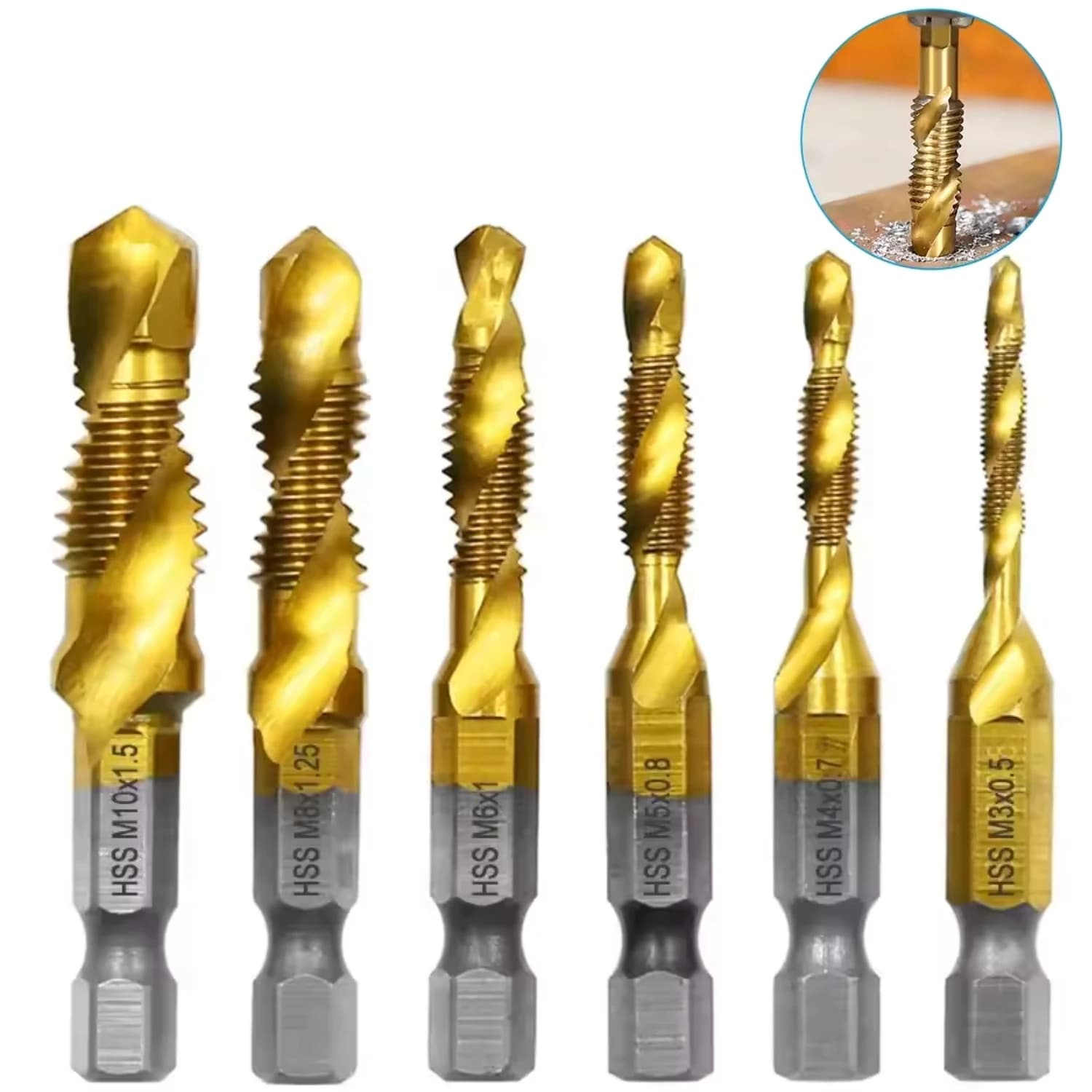 6pc High Speed Steel M3-M10 Titanium Plated Composite Tap Hexagonal Drill and Tap Integrated Tap Machine with Hole Chamfer Tool