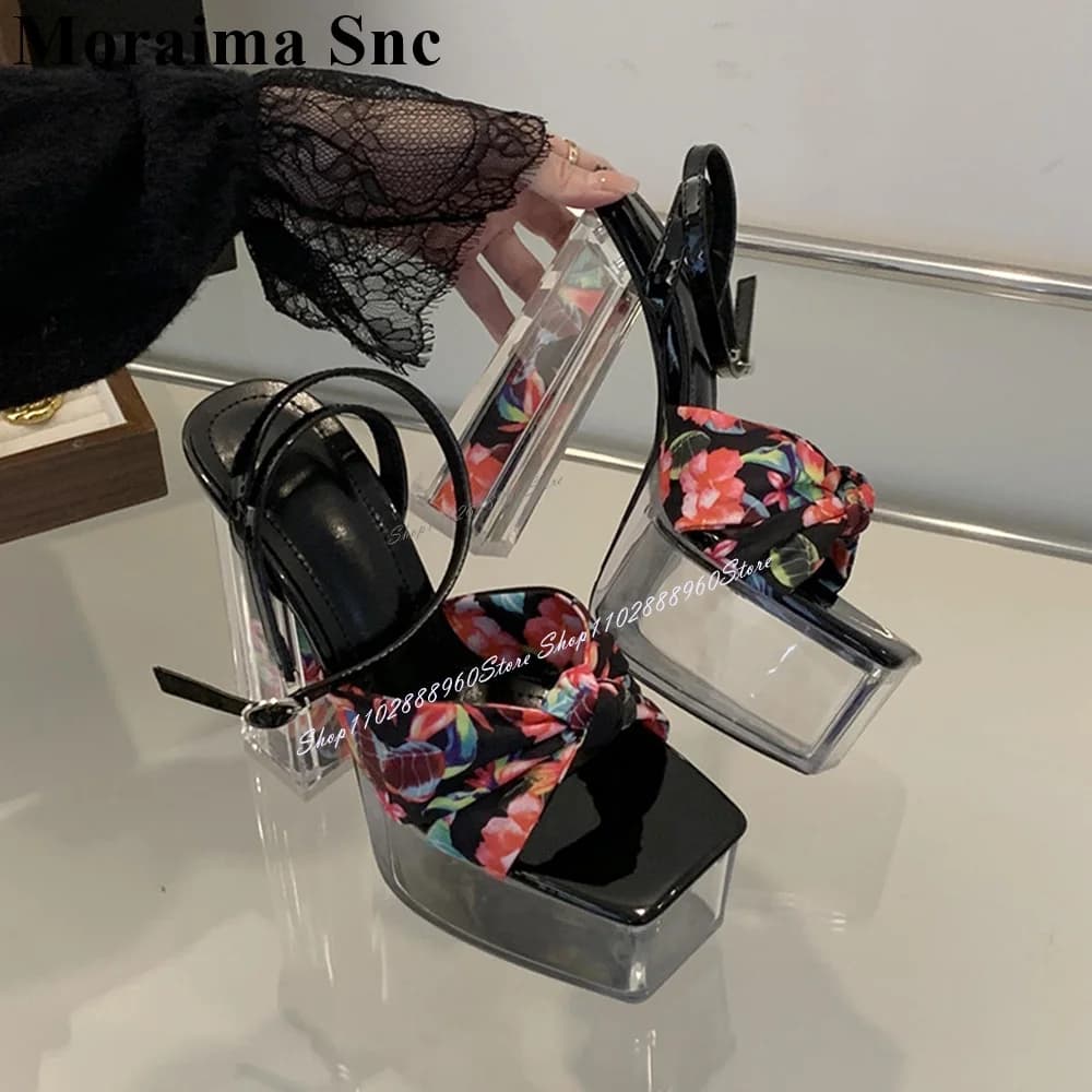 Mixed Color Bow Knot Clear Flatform Sandals Chunky High Heel Women Shoes Ankle Buckle Strap Open Toe 2024 Zapatos Para Mujere