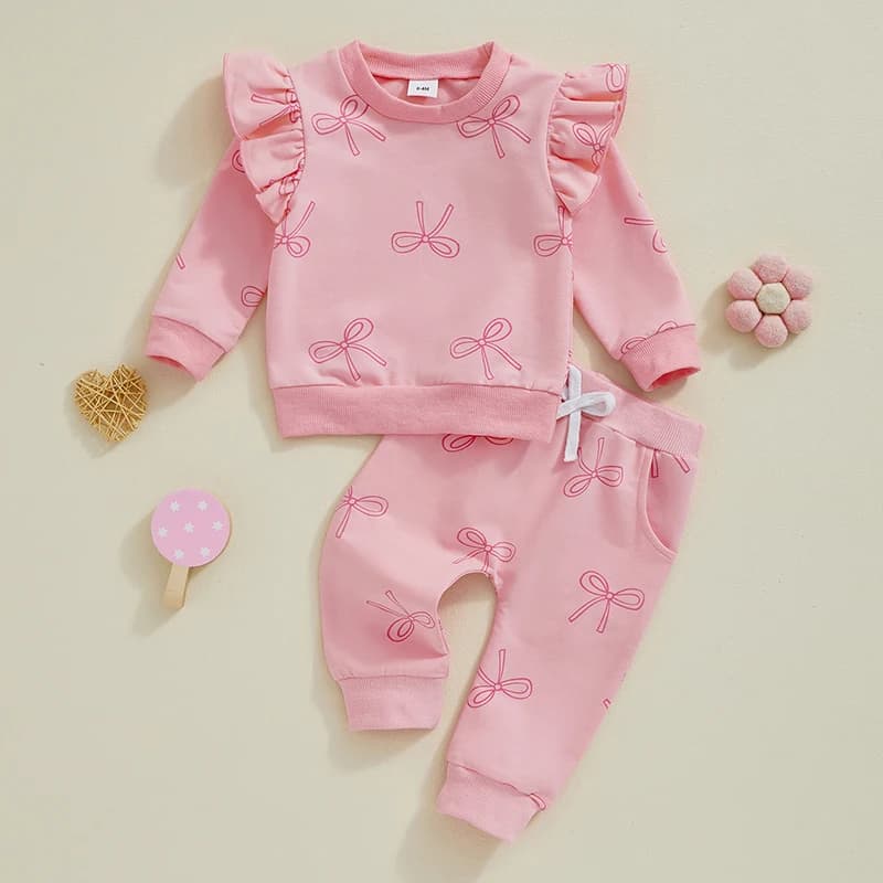 0-3 Months Toddler Girls Clothes Fall Casual Sets Long Sleeve O Neck Bow Print Tops Drawstring Elastic Waist Pants 2PCS
