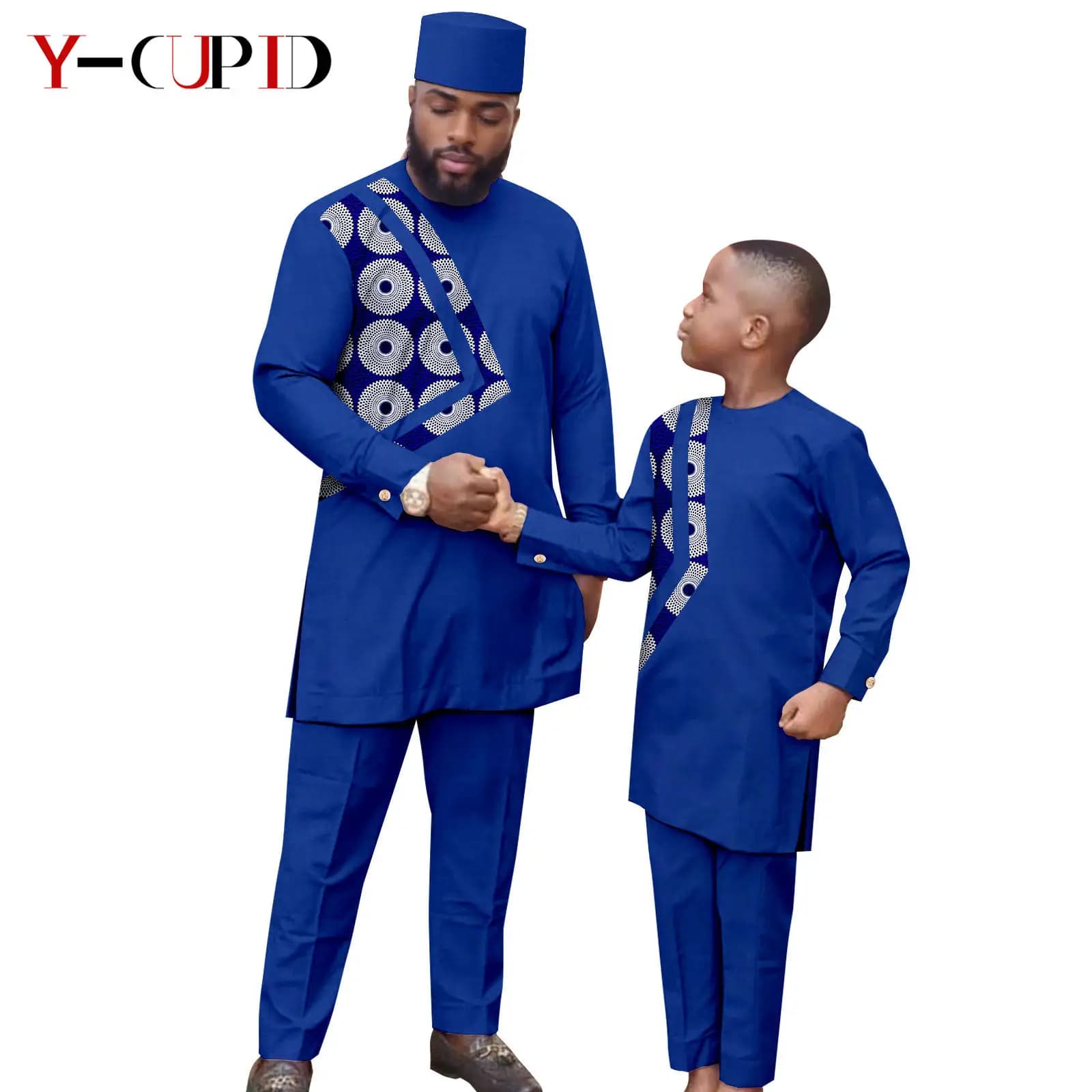 African Patchwork Clothes for Men Muslim Hat Suits Matching Kids Son Outfits Top and Pant Sets Dashiki Family Clothes 24F024