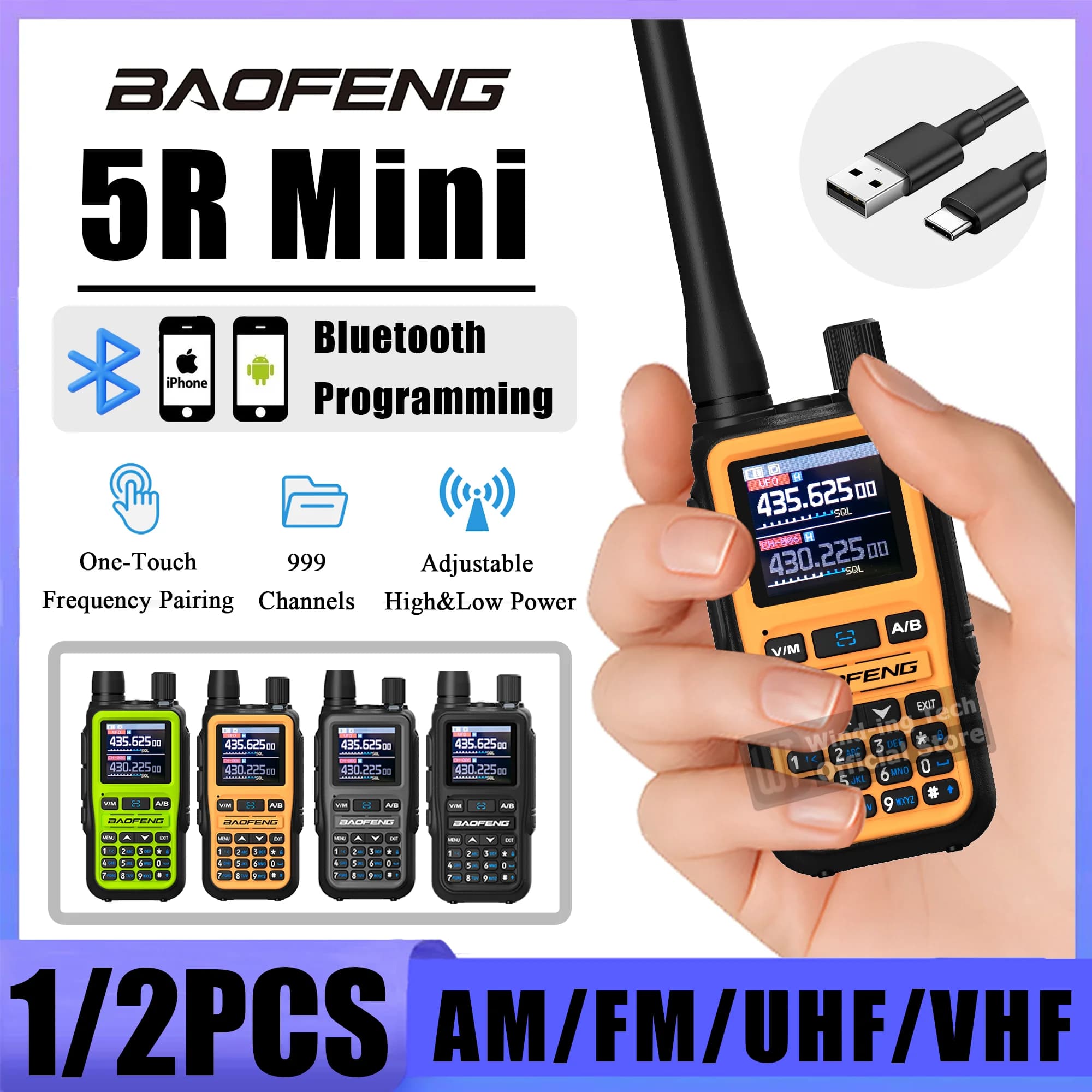 Baofeng UV 5R Mini Walkie Talkie Bluetooth Programming Frequency Hopping Type-C Jack Multiple Colors Dual PTT Camping Ham Radios