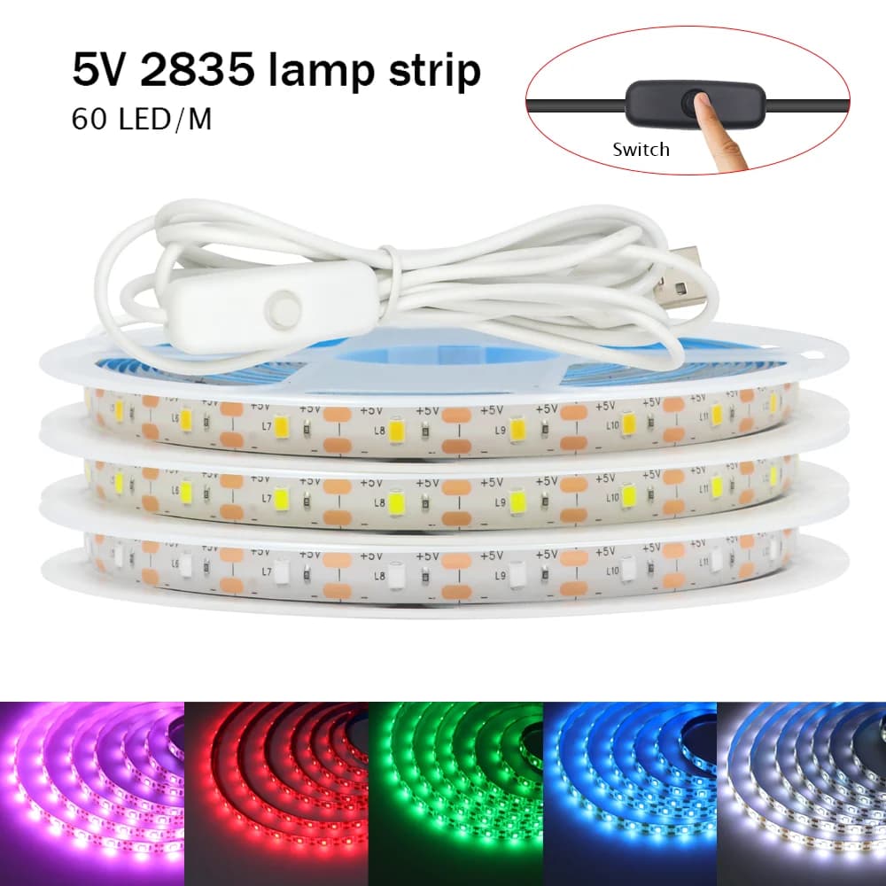 5V 2835 LED Strip Light USB 60Leds/m Flexible Fita Led Tape With Switch White Warm White Waterproof LED Lights for Room Decor