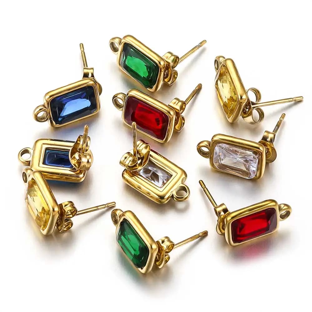 4pcs Stainless Steel Gold Plated Square Natural Stone Zircon Crystal Earrings Rivet Connectors for DIY Jewelry Making Supplies