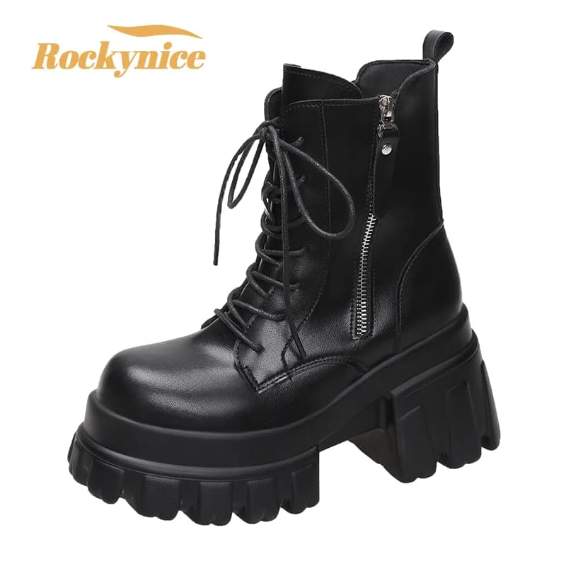 Women High Platform Ankle Boots 2025 Winter Thick Sole Motorcycle Boots 9.5CM Heels Chunky Metal Short Leather Sneakers Woman