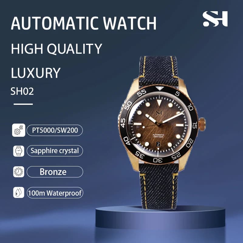 SH Bronze Men Watch Automatic PT5000 SW200 Sapphire Domed Crystal Wood Grain Dial Leather Strap 42mm 10 ATM Waterproof