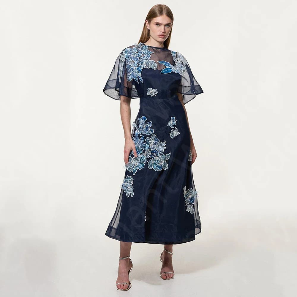 Customized Vintage Navy Prom Gowns Contrast Color Evening Dresses 2025 Puff Half Sleeve Wedding Party Gowns Tea Length Appliqued