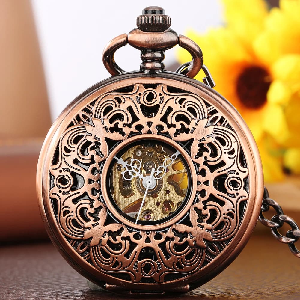 Copper Red Hollow Mechanical Pocket Watch Classic Roman Numerals Round Dial Vintage Stylish Hand Winding Antique Clock Gift