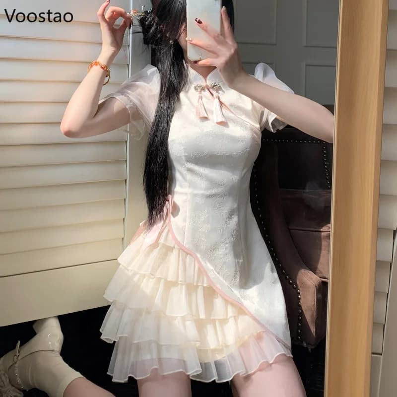 Sweet New Chinese Style Vintage Mini Dress Women Elegant Bow Mesh Jacquard Patchwork Party Dresses Female Casual Slim Cheongsam