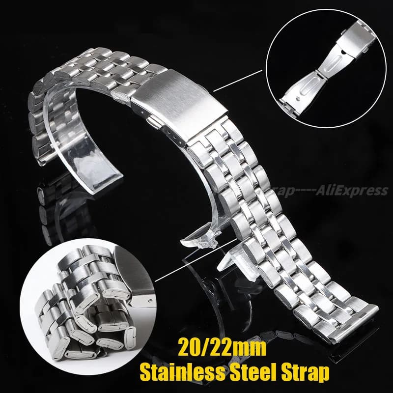 20mm 22mm Stainless Steel Watch Band for Seiko for Omega Metal Strap Smart Watch Band Women Men Bands Adjustable Folding Buckle