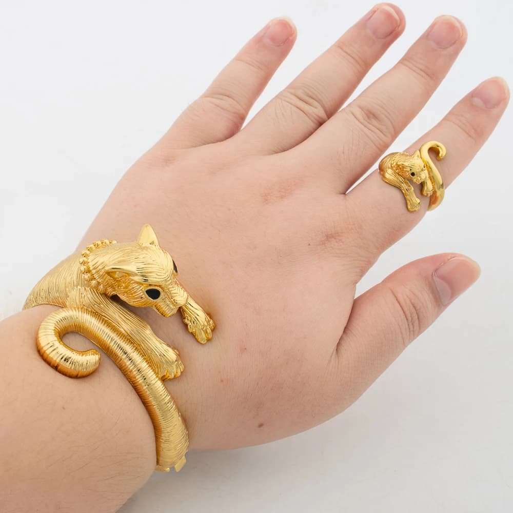 Luxury Leopard Bracelet Ring Dubai Gold Color Animal Shape Jewelry Sets for Women Charm Bracelets Wedding Jewelry Party Gifts
