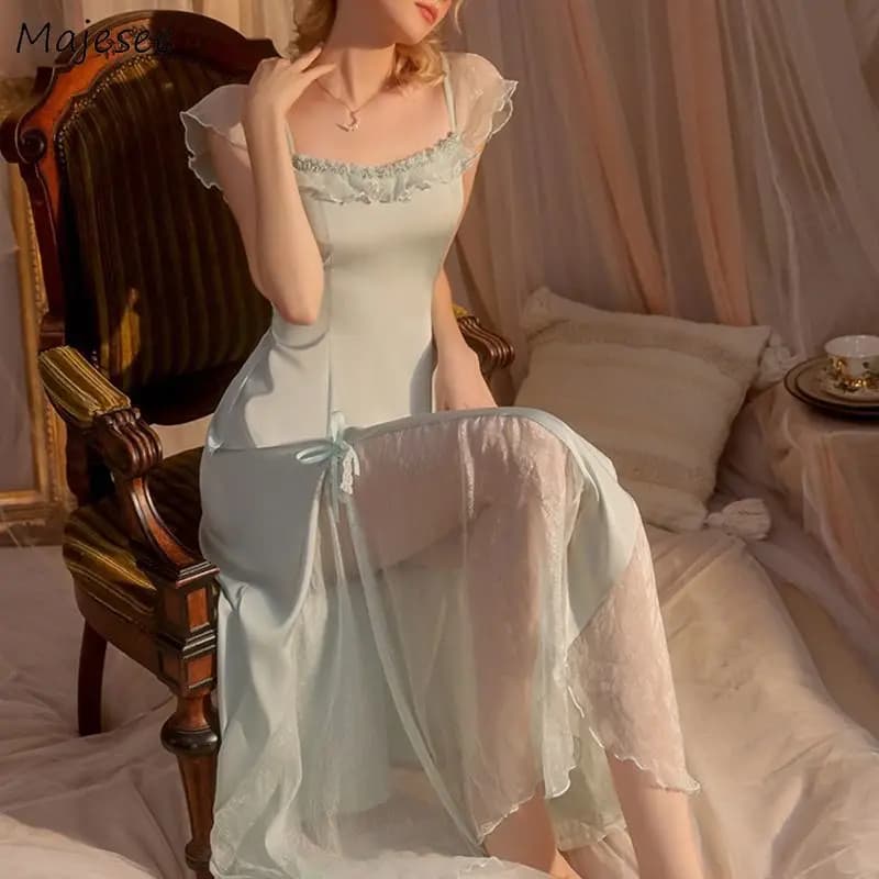 Summer Sexy Nightgowns Women Fairycore Delicate Side-slit Designed Thin Sleepwear Lady Smooth Vintage French Style Short-sleeve