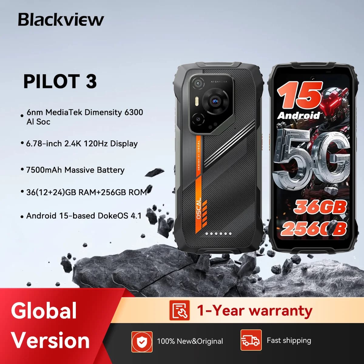 [World Premiere ]Blackview OSCAL PILOT 3 5G AI Rugged Smartphone MTK 6300, 6.78" 2.4K Display 120Hz, 12GB 256GB, 7500Amh Phones