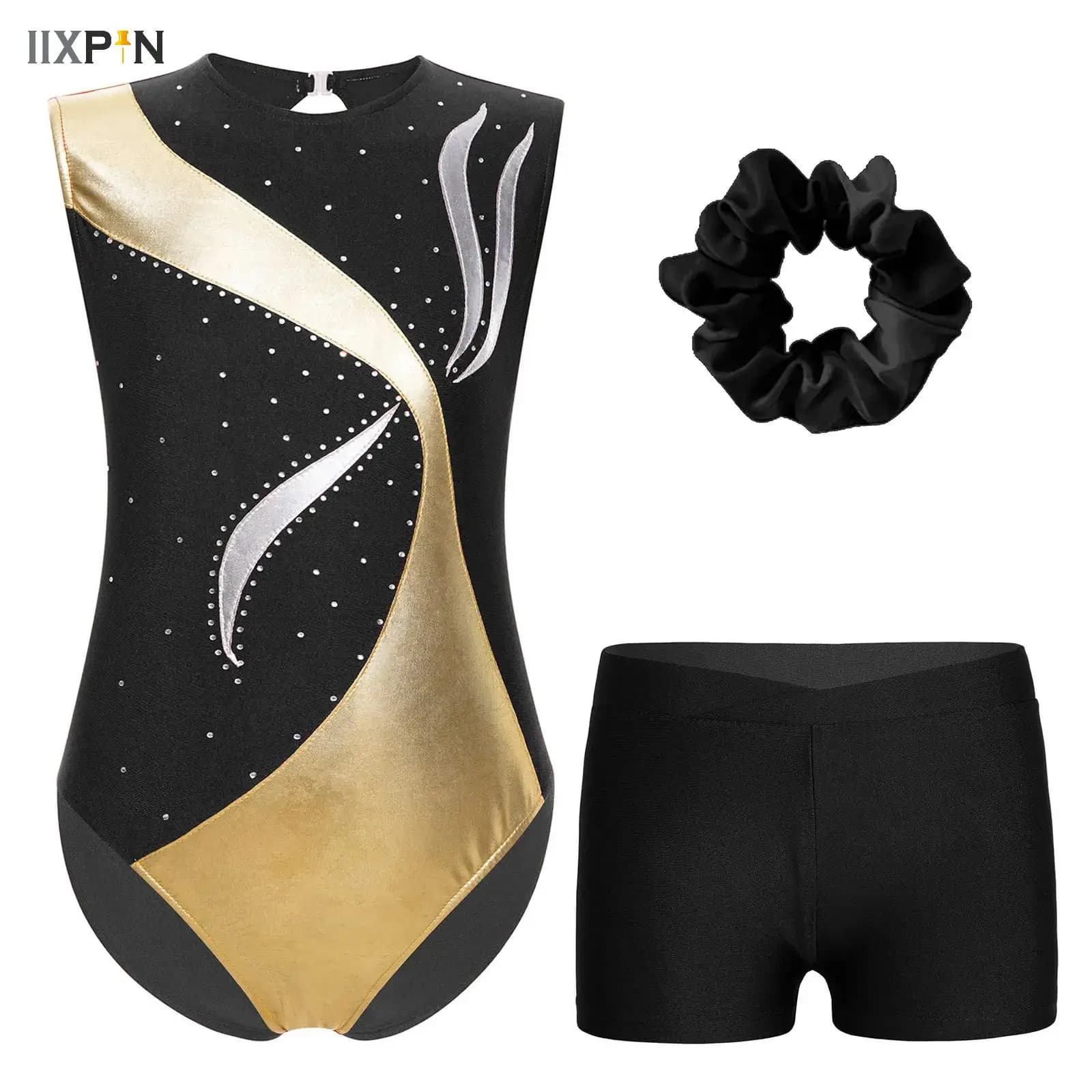 Kids Girls Gymnastics Bodysuit Ballet Dance Leotard with Shorts Headwear Dancewear Set Sleeveless Figure Skating Unitards