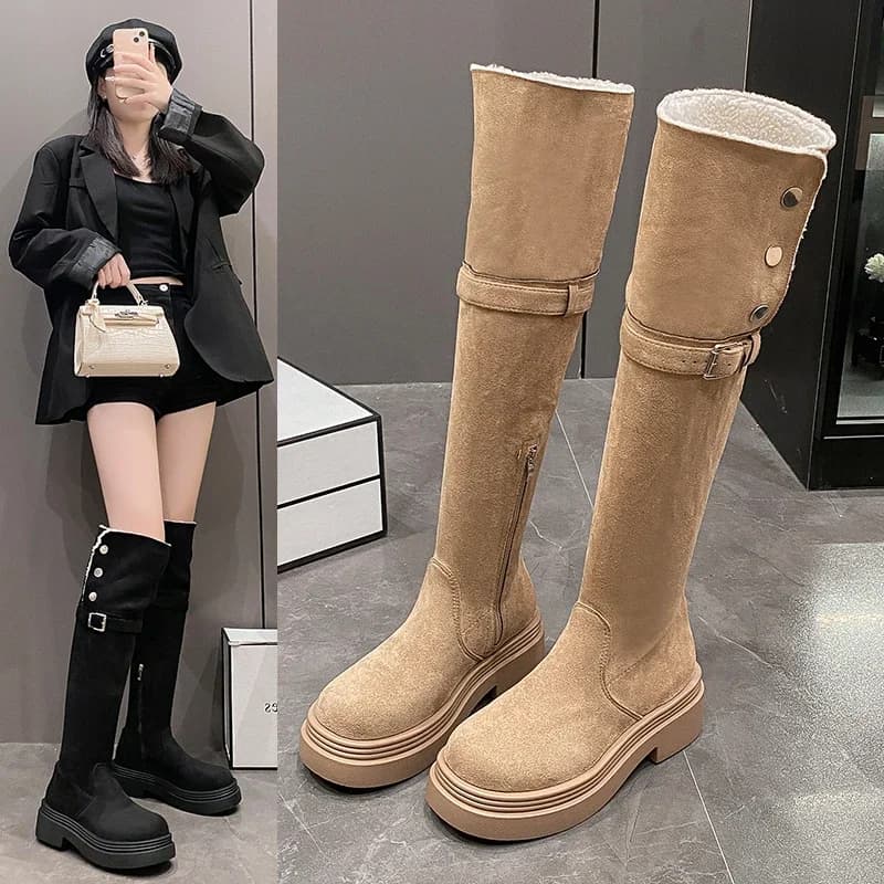 Winter Elastic Fabric Women Over The Knee High Boots Fashion Ladies Elegant Square Heel Long Booties Slip on Women's Footwear