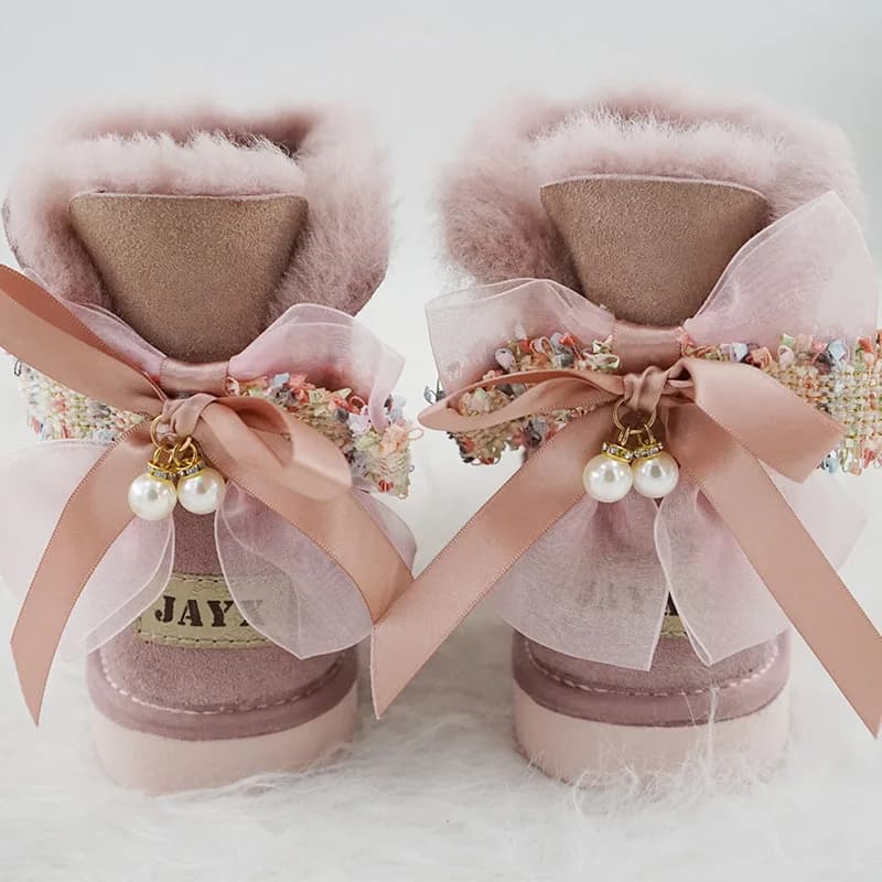 High Quality Women's Boots Sweet Bow Snow Boots Real Sheepskin Leather Natural Fur Winter Boots Women's Warm Ankle Shoes